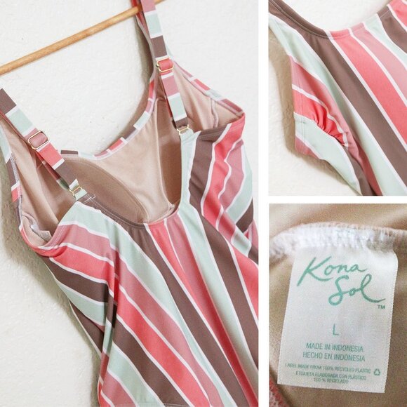 Kona Sol Scoop Neck Mint Mauve Vertical Striped Builtin Bra One Piece Swimsuit L - Picture 8 of 10